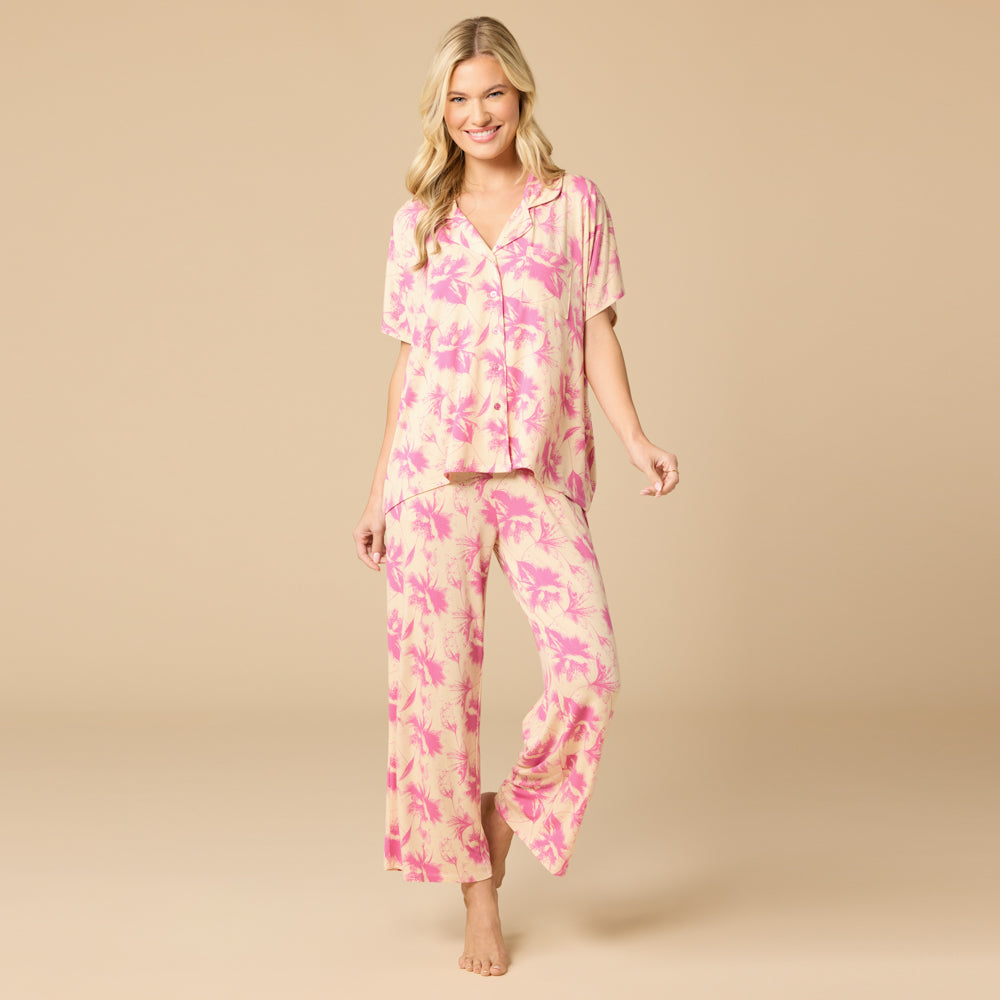 Caftan Top Cropped Pant Set in Fuchsia Floral