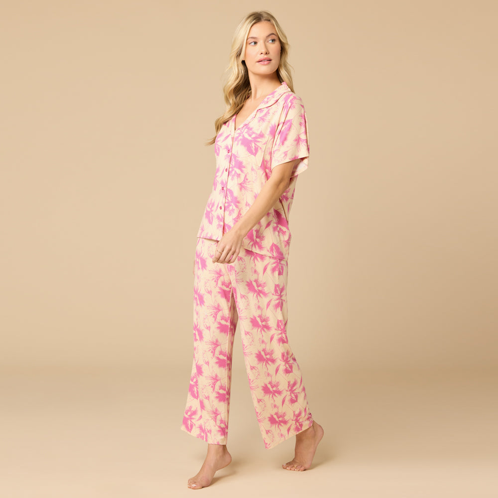 Caftan Top Cropped Pant Set in Fuchsia Floral