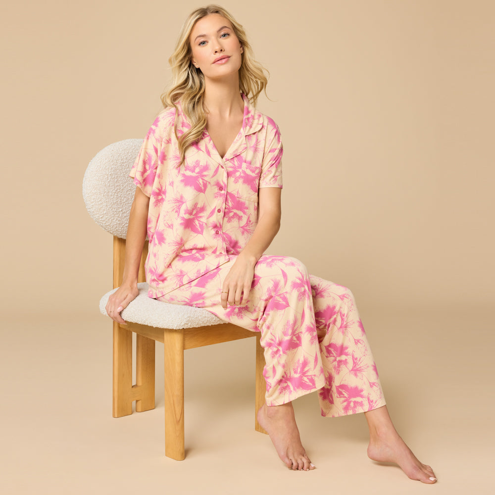 Caftan Top Cropped Pant Set in Fuchsia Floral