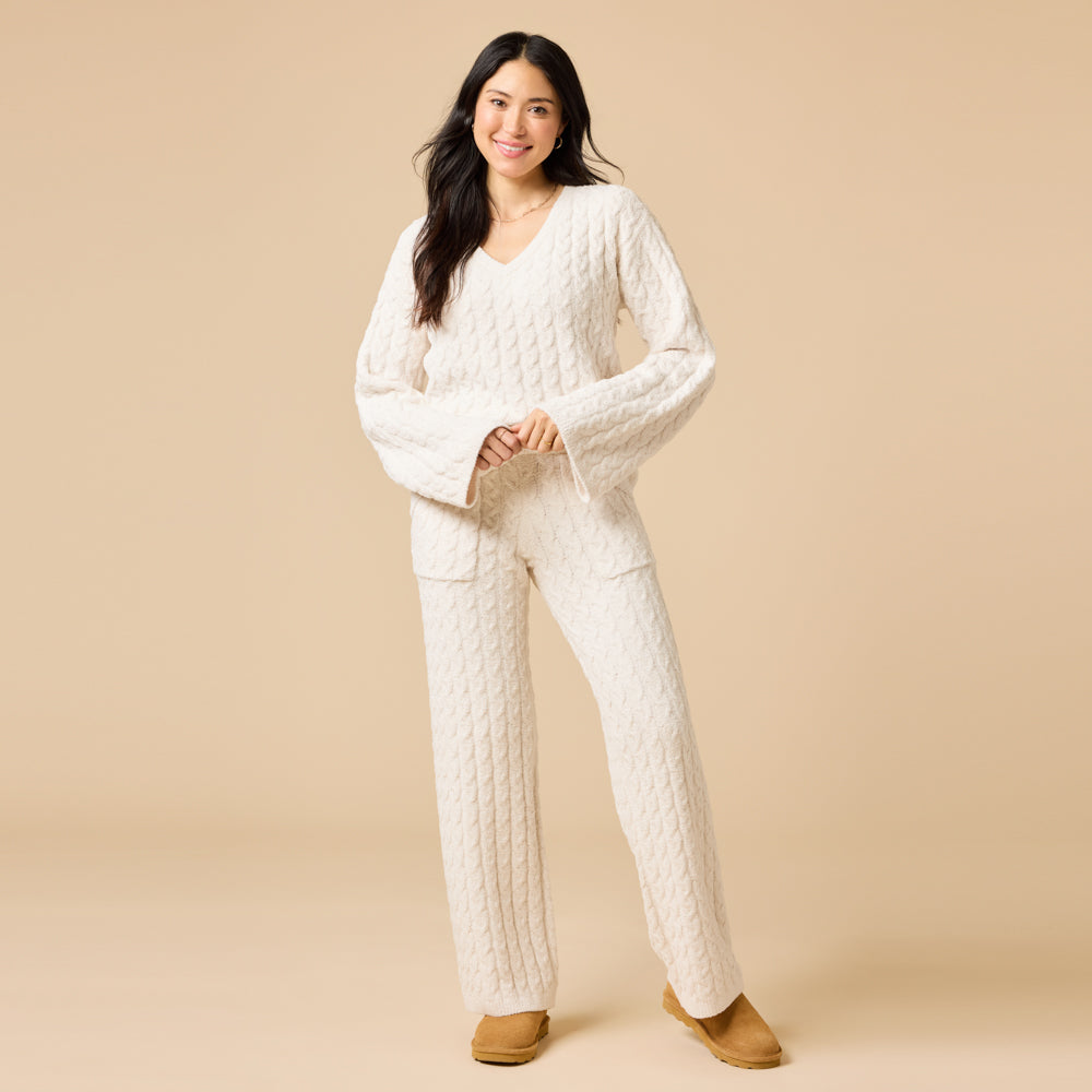 Cable Knit Marshmallow V-Neck with Flared Sleeve and Pant in Almond