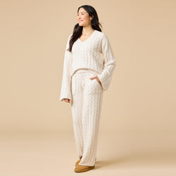 Cable Knit Marshmallow V-Neck with Flared Sleeve and Pant Cable Knit Marshmallow V-Neck with Flared Sleeve and Pant in Almond