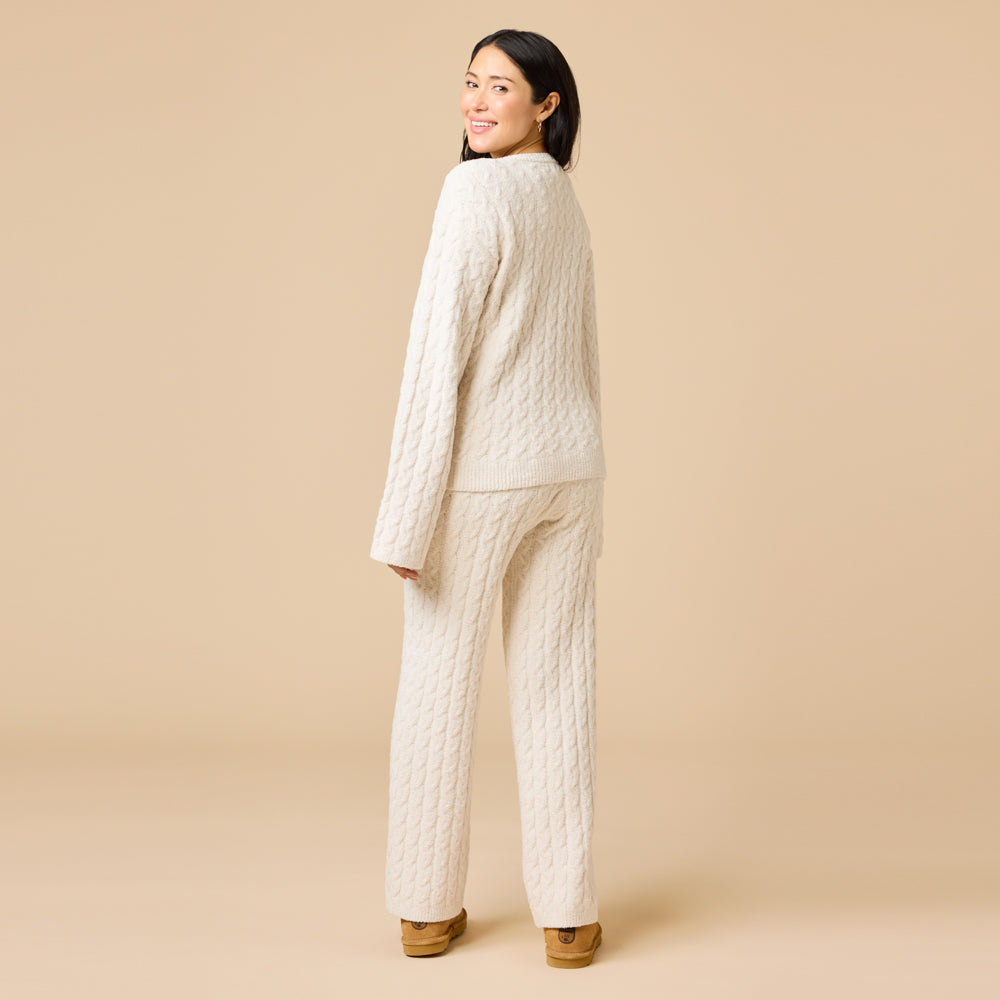 Cable Knit Marshmallow V-Neck with Flared Sleeve and Pant in Almond