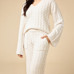 Cable Knit Marshmallow V-Neck with Flared Sleeve and Pant Cable Knit Marshmallow V-Neck with Flared Sleeve and Pant in Almond