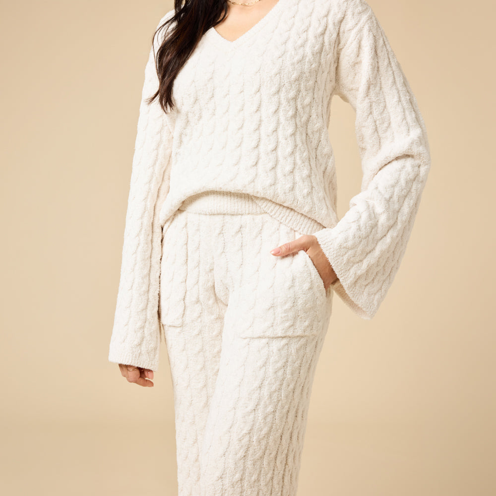 Cable Knit Marshmallow V-Neck with Flared Sleeve and Pant in Almond