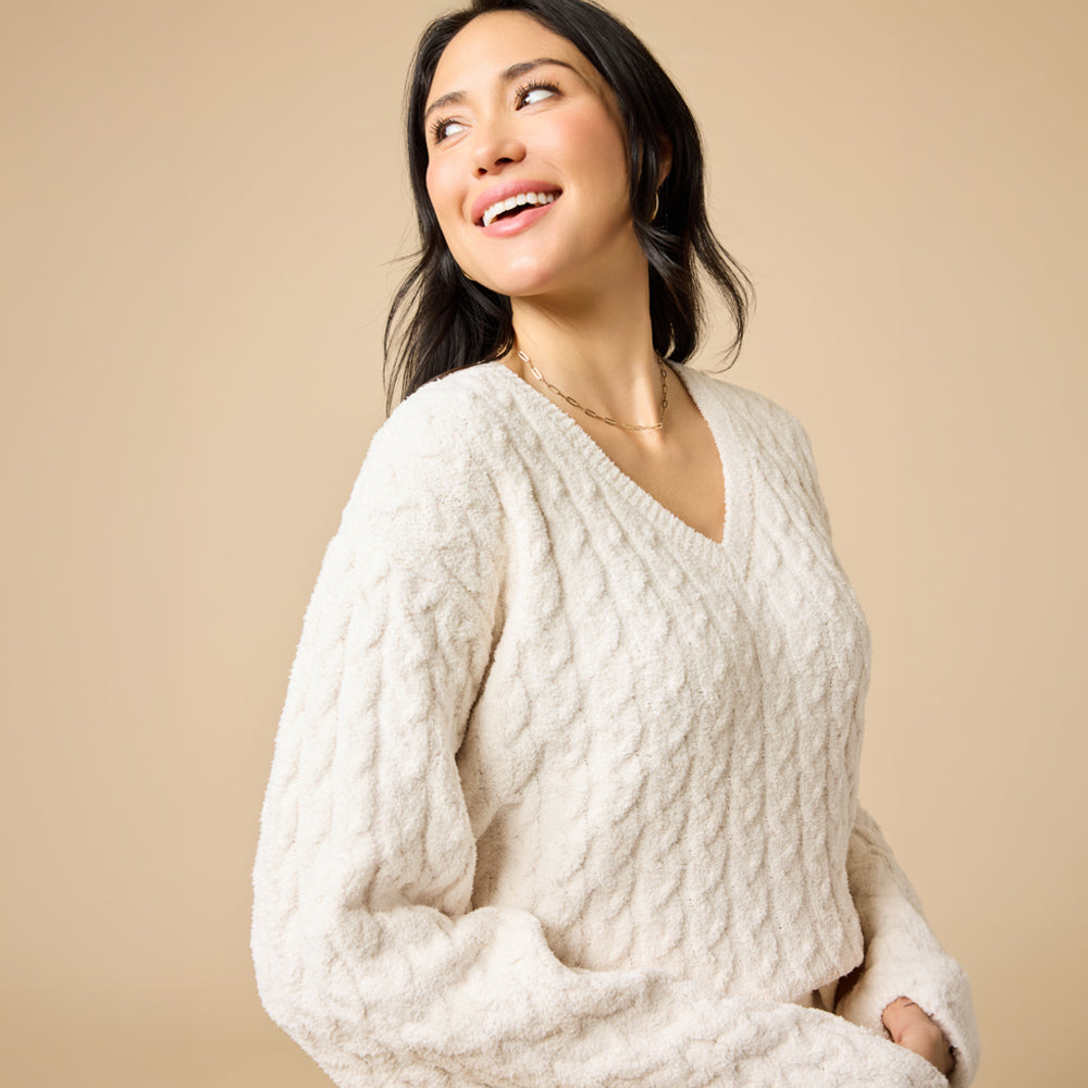 Cable Knit Marshmallow V-Neck with Flared Sleeve and Pant in Almond