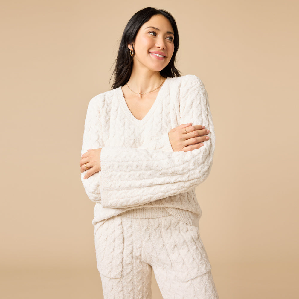 Cable Knit Marshmallow V-Neck with Flared Sleeve and Pant Cable Knit Marshmallow V-Neck with Flared Sleeve and Pant in Almond