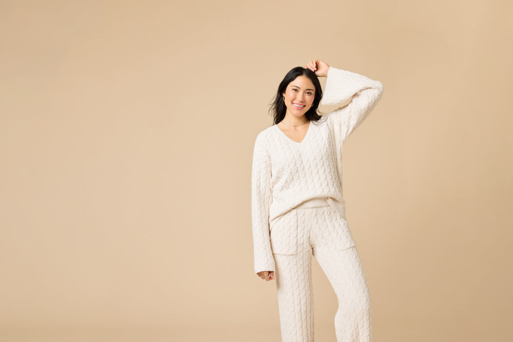 Cable Knit Marshmallow V-Neck with Flared Sleeve and Pant in Almond