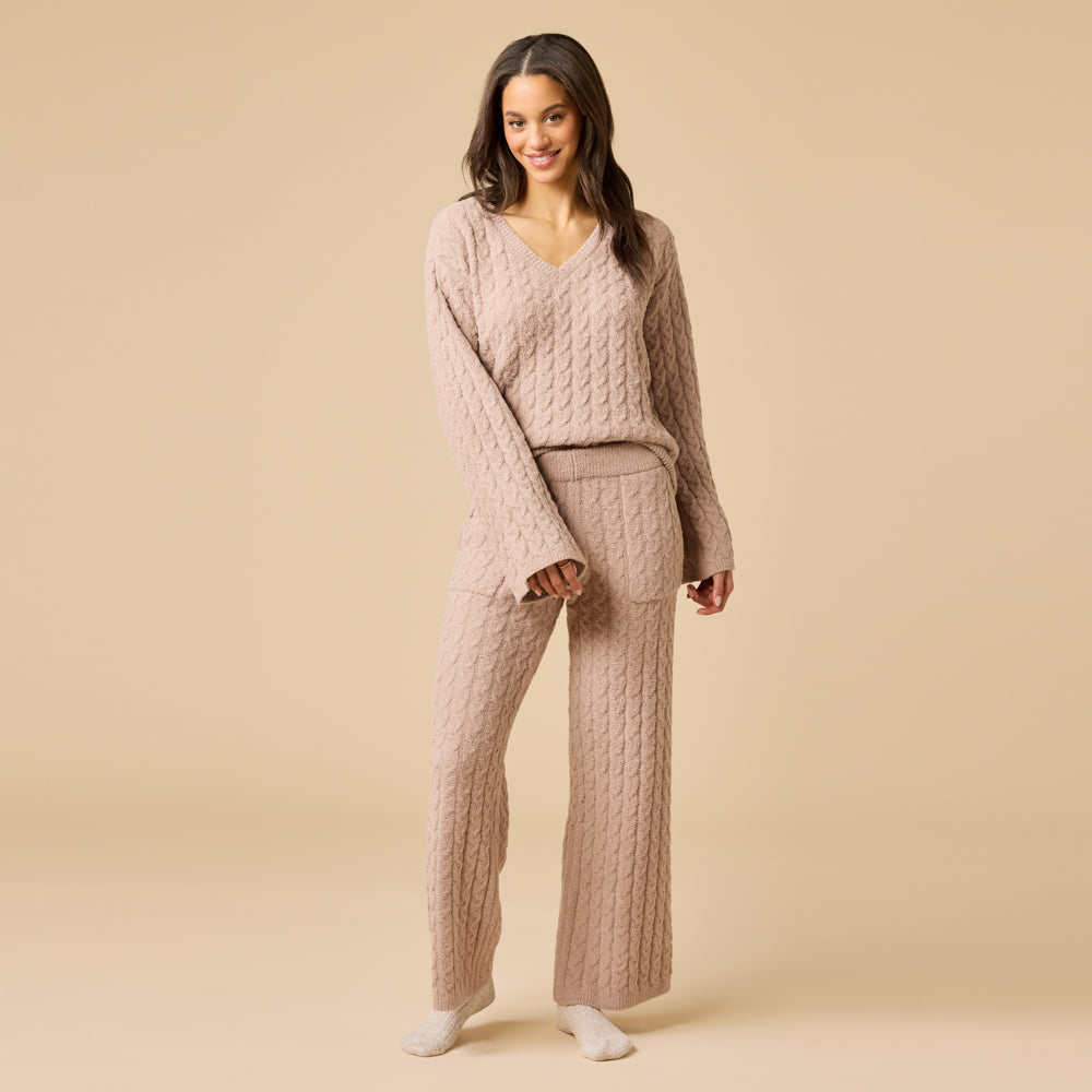 Cable Knit Marshmallow V-Neck with Flared Sleeve and Pant Cable Knit Marshmallow V-Neck with Flared Sleeve and Pant in Coco