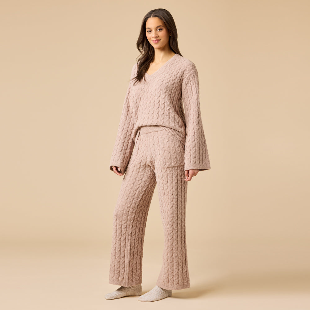 Cable Knit Marshmallow V-Neck with Flared Sleeve and Pant in Coco