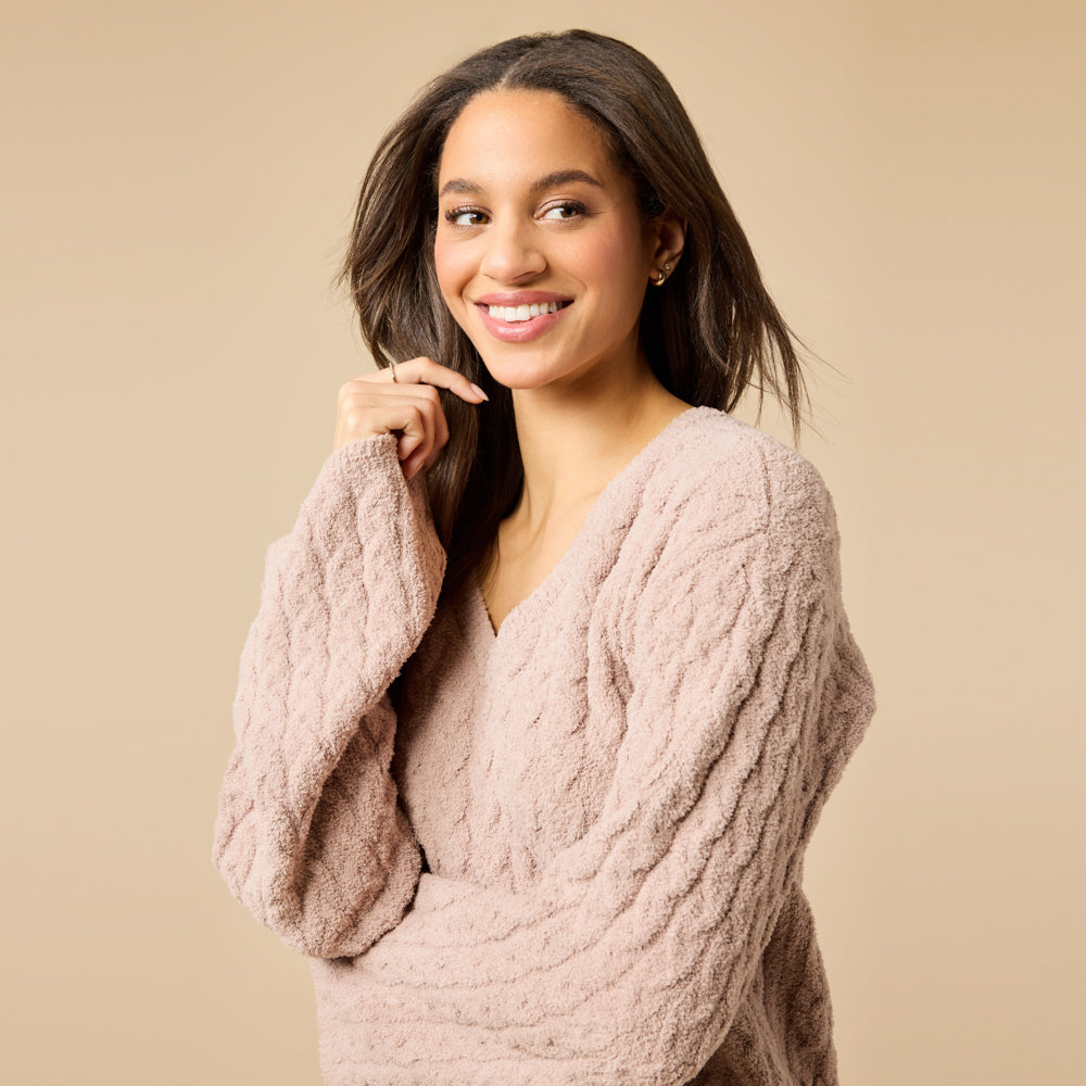 Cable Knit Marshmallow V-Neck with Flared Sleeve and Pant in Coco