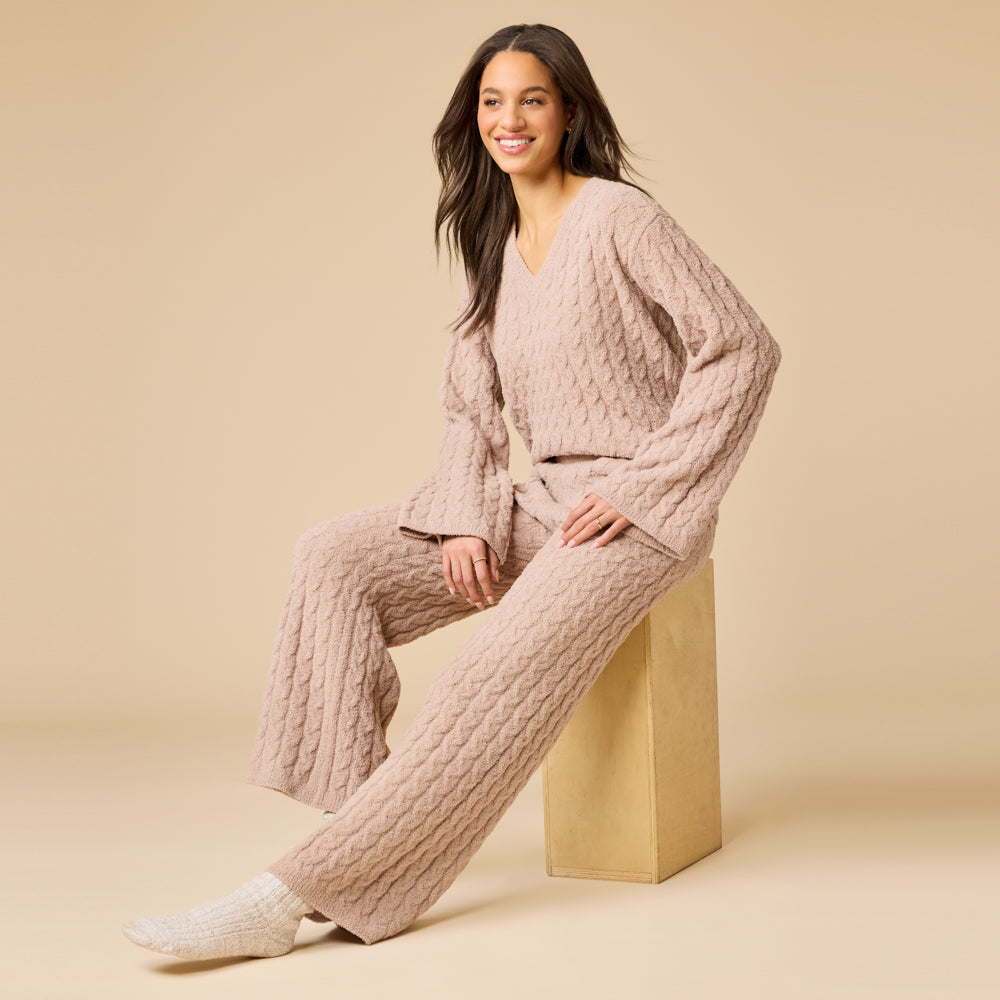 Cable Knit Marshmallow V-Neck with Flared Sleeve and Pant Cable Knit Marshmallow V-Neck with Flared Sleeve and Pant in Coco