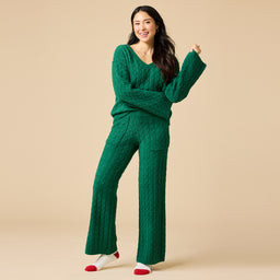 Cable Knit Marshmallow V-Neck with Flared Sleeve and Pant Cable Knit Marshmallow V-Neck with Flared Sleeve and Pant in Green