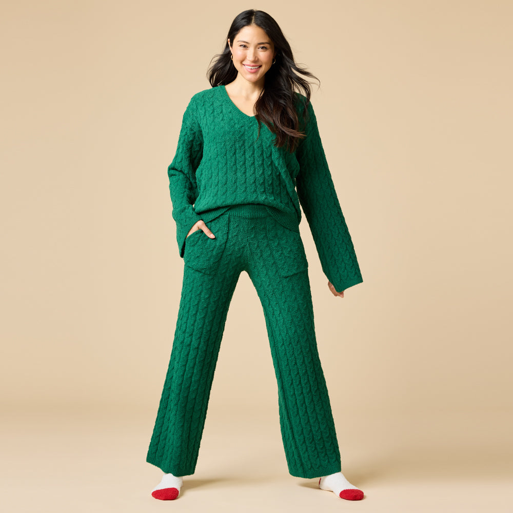 Cable Knit Marshmallow V-Neck with Flared Sleeve and Pant Cable Knit Marshmallow V-Neck with Flared Sleeve and Pant in Green