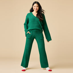 Cable Knit Marshmallow V-Neck with Flared Sleeve and Pant Cable Knit Marshmallow V-Neck with Flared Sleeve and Pant in Green