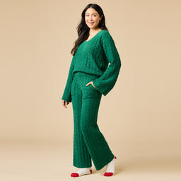 Cable Knit Marshmallow V-Neck with Flared Sleeve and Pant Cable Knit Marshmallow V-Neck with Flared Sleeve and Pant in Green