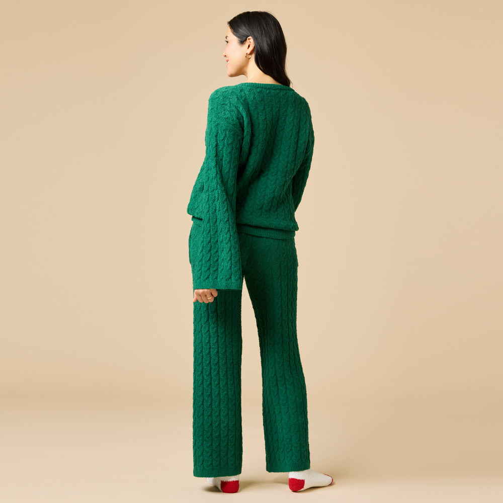 Cable Knit Marshmallow V-Neck with Flared Sleeve and Pant in Green