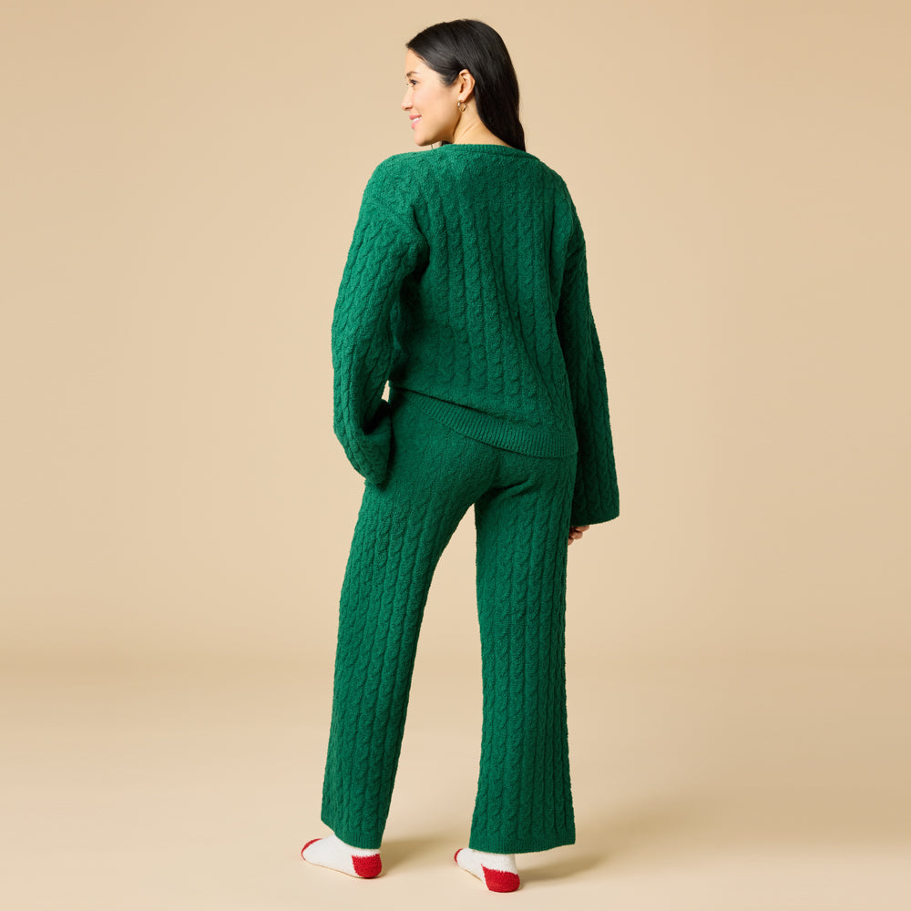 Cable Knit Marshmallow V-Neck with Flared Sleeve and Pant in Green