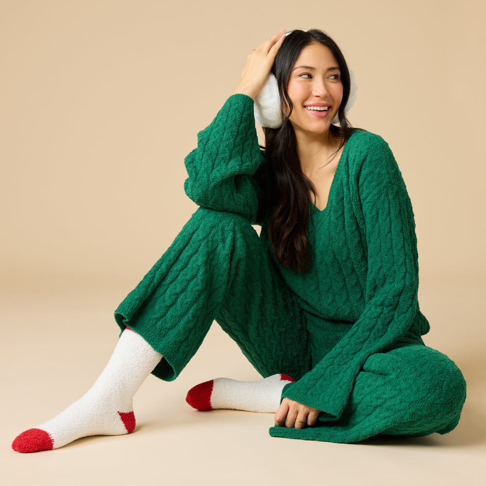 Cable Knit Marshmallow V-Neck with Flared Sleeve and Pant in Green