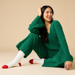 Cable Knit Marshmallow V-Neck with Flared Sleeve and Pant Cable Knit Marshmallow V-Neck with Flared Sleeve and Pant in Green