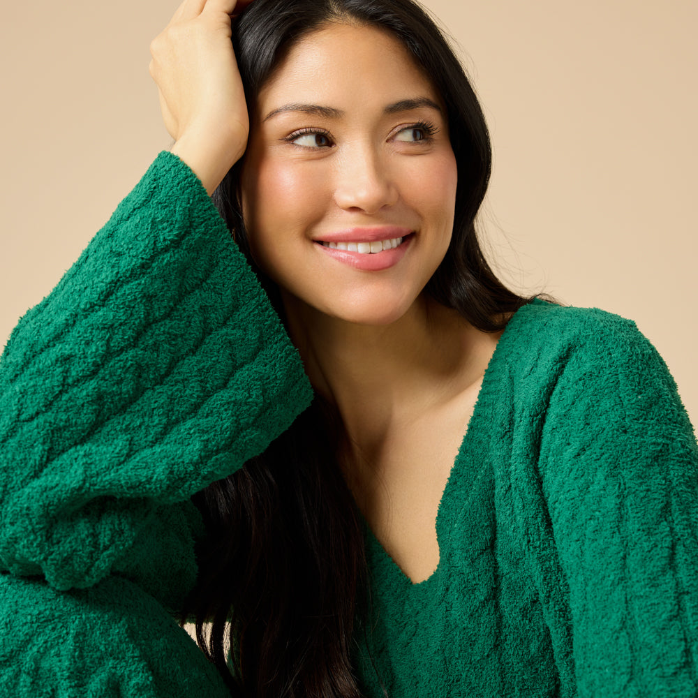 Cable Knit Marshmallow V-Neck with Flared Sleeve and Pant in Green