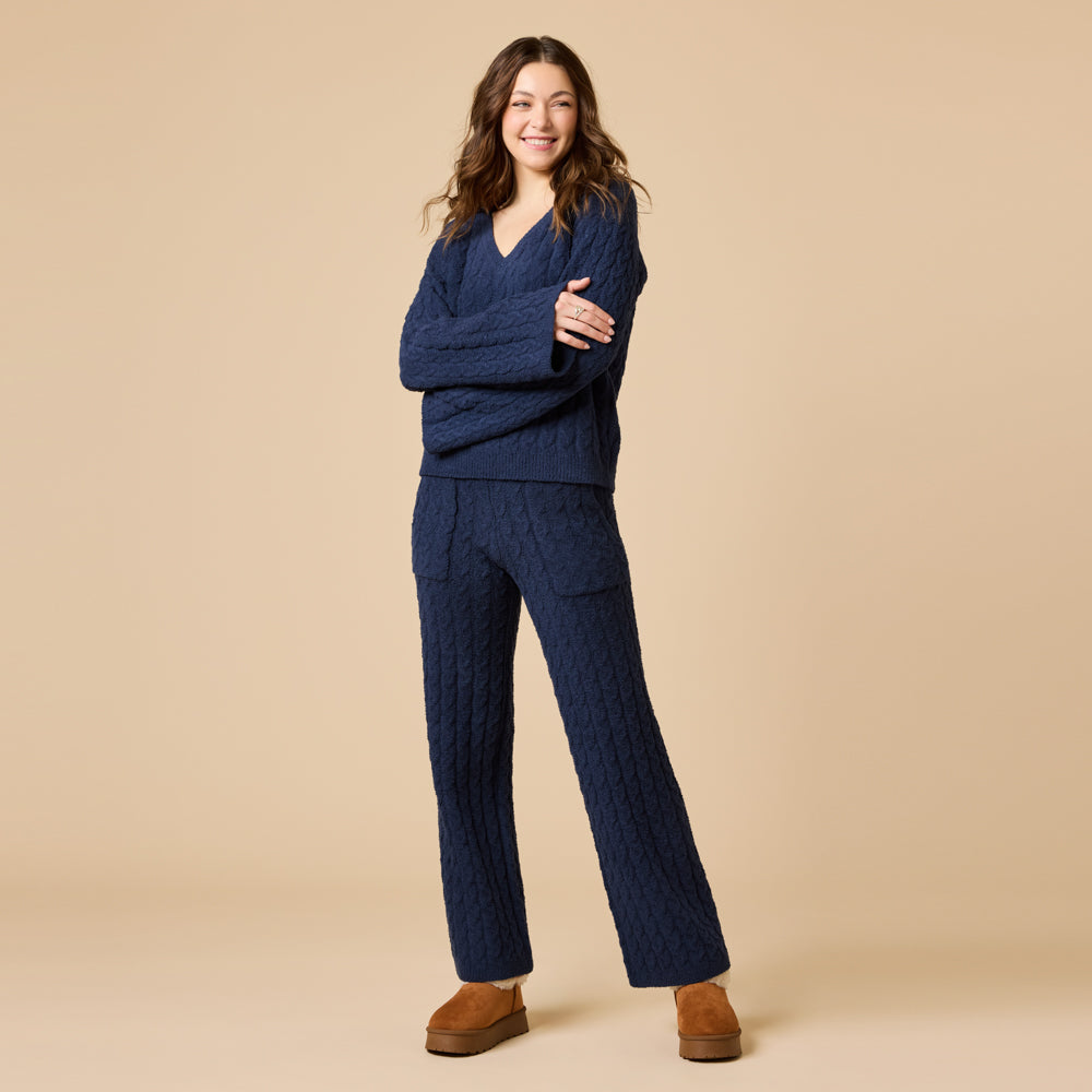 Cable Knit Marshmallow V-Neck with Flared Sleeve and Pant Cable Knit Marshmallow V-Neck with Flared Sleeve and Pant in Midnight