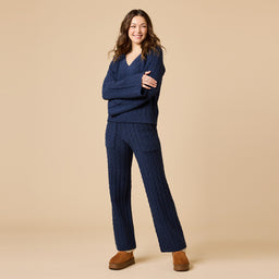 Cable Knit Marshmallow V-Neck with Flared Sleeve and Pant Cable Knit Marshmallow V-Neck with Flared Sleeve and Pant in Midnight