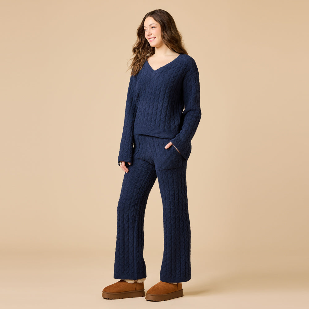 Cable Knit Marshmallow V-Neck with Flared Sleeve and Pant Cable Knit Marshmallow V-Neck with Flared Sleeve and Pant in Midnight