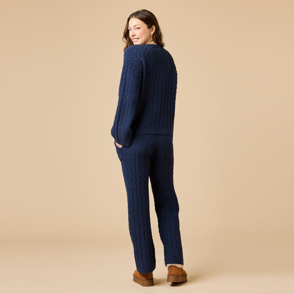 Cable Knit Marshmallow V-Neck with Flared Sleeve and Pant in Midnight