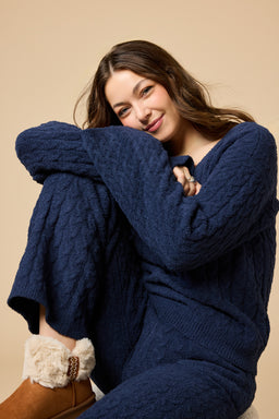 Cable Knit Marshmallow V-Neck with Flared Sleeve and Pant Cable Knit Marshmallow V-Neck with Flared Sleeve and Pant in Midnight