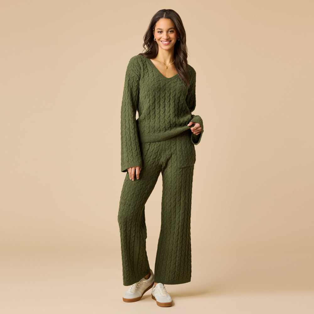 Cable Knit Marshmallow V-Neck with Flared Sleeve and Pant in Olive
