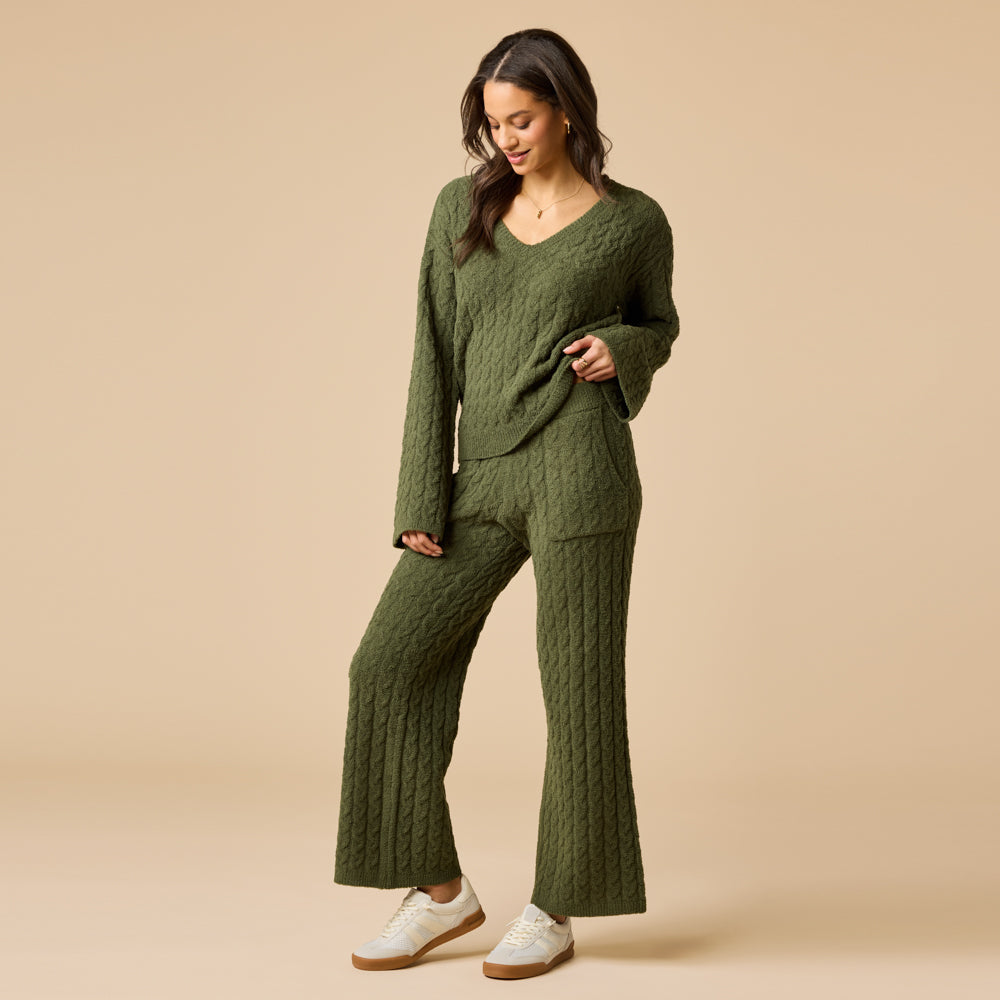 Cable Knit Marshmallow V-Neck with Flared Sleeve and Pant Cable Knit Marshmallow V-Neck with Flared Sleeve and Pant in Olive