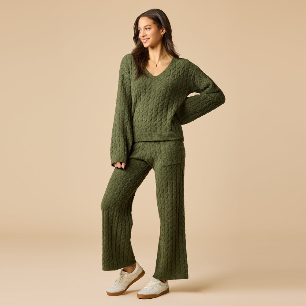 Cable Knit Marshmallow V-Neck with Flared Sleeve and Pant Cable Knit Marshmallow V-Neck with Flared Sleeve and Pant in Olive