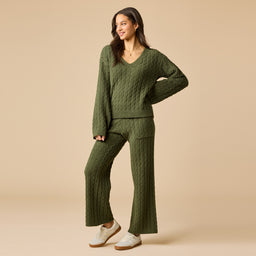 Cable Knit Marshmallow V-Neck with Flared Sleeve and Pant Cable Knit Marshmallow V-Neck with Flared Sleeve and Pant in Olive
