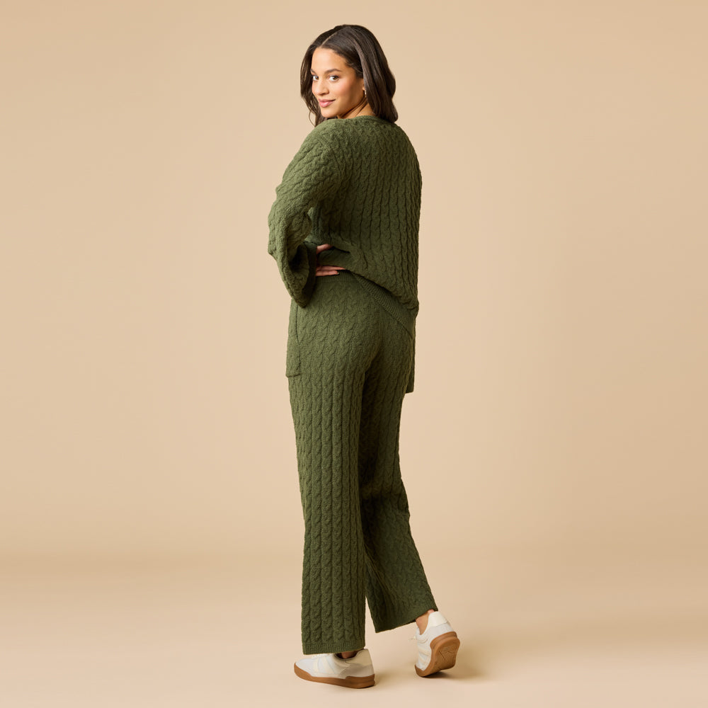 Cable Knit Marshmallow V-Neck with Flared Sleeve and Pant in Olive