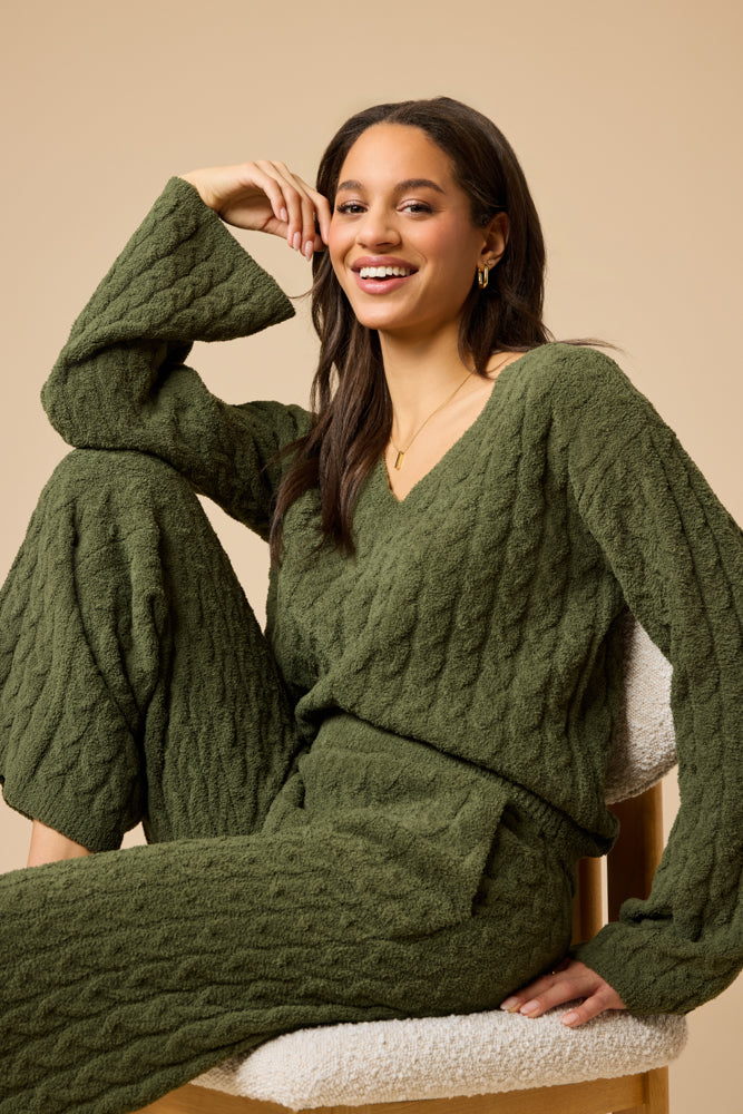 Cable Knit Marshmallow V-Neck with Flared Sleeve and Pant Cable Knit Marshmallow V-Neck with Flared Sleeve and Pant in Olive