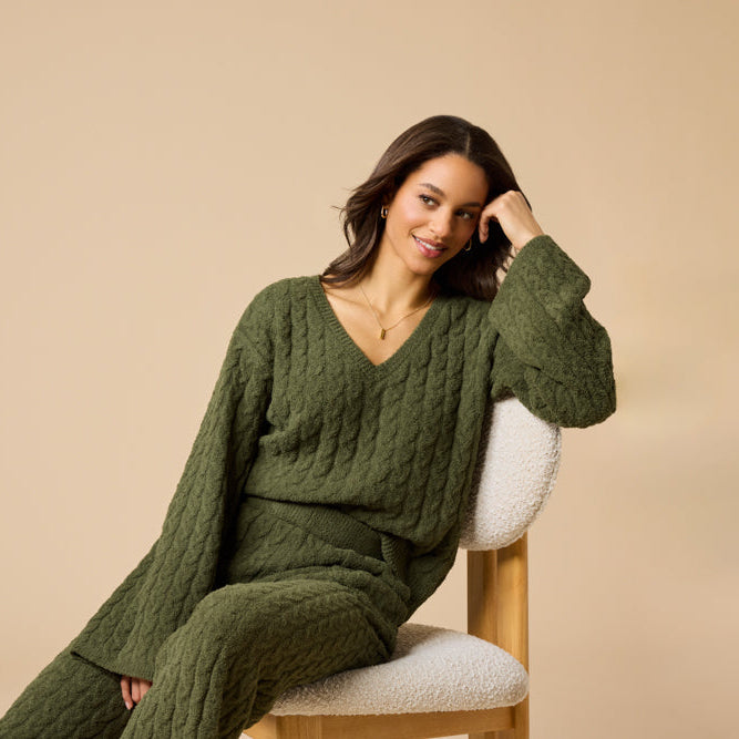 Cable Knit Marshmallow V-Neck with Flared Sleeve and Pant Cable Knit Marshmallow V-Neck with Flared Sleeve and Pant in Olive