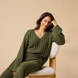 Cable Knit Marshmallow V-Neck with Flared Sleeve and Pant Cable Knit Marshmallow V-Neck with Flared Sleeve and Pant in Olive