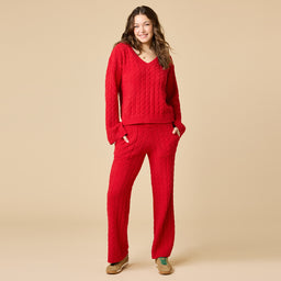 Cable Knit Marshmallow V-Neck with Flared Sleeve and Pant Cable Knit Marshmallow V-Neck with Flared Sleeve and Pant in Red