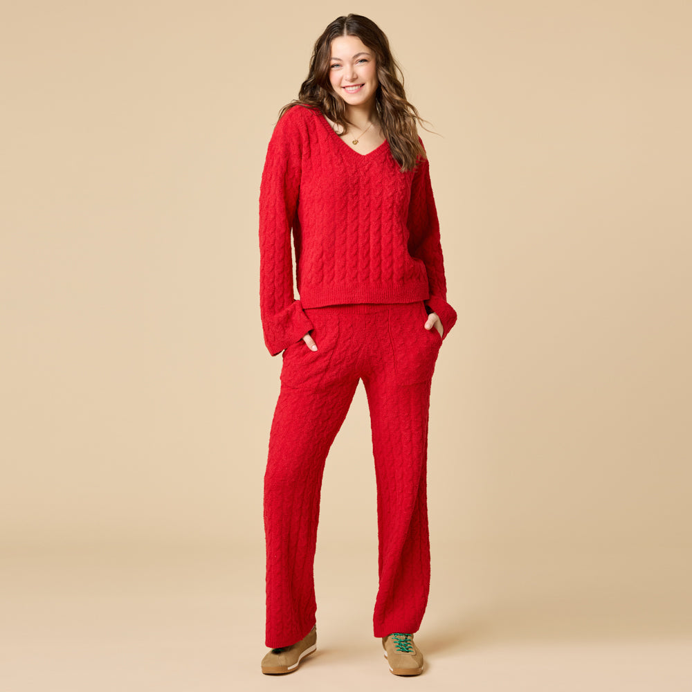 Cable Knit Marshmallow V-Neck with Flared Sleeve and Pant in Red