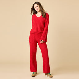 Cable Knit Marshmallow V-Neck with Flared Sleeve and Pant Cable Knit Marshmallow V-Neck with Flared Sleeve and Pant in Red