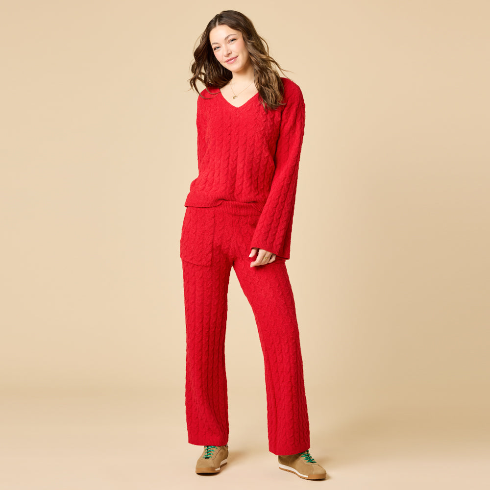 Cable Knit Marshmallow V-Neck with Flared Sleeve and Pant in Red