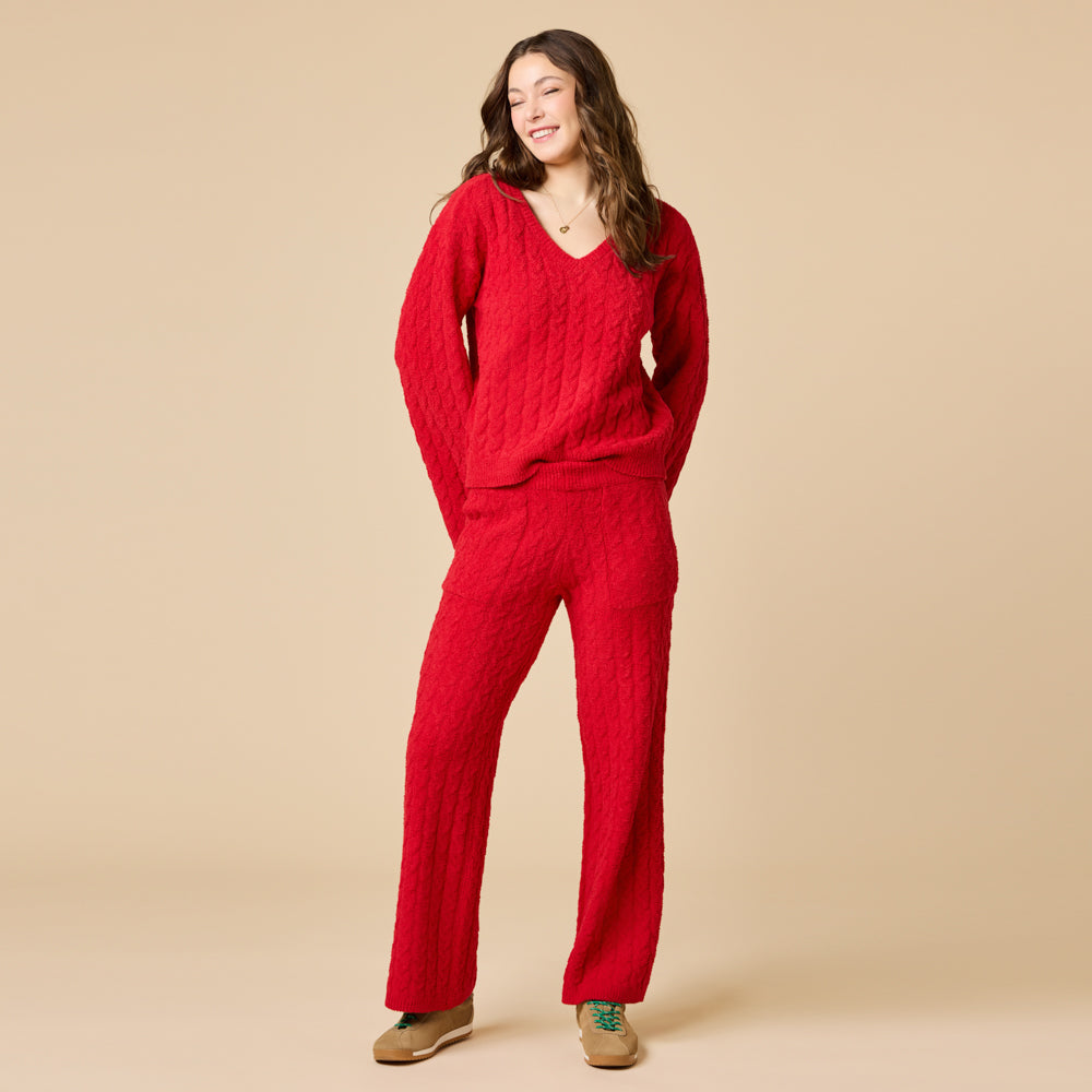 Cable Knit Marshmallow V-Neck with Flared Sleeve and Pant Cable Knit Marshmallow V-Neck with Flared Sleeve and Pant in Red