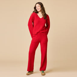 Cable Knit Marshmallow V-Neck with Flared Sleeve and Pant Cable Knit Marshmallow V-Neck with Flared Sleeve and Pant in Red