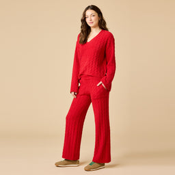 Cable Knit Marshmallow V-Neck with Flared Sleeve and Pant Cable Knit Marshmallow V-Neck with Flared Sleeve and Pant in Red