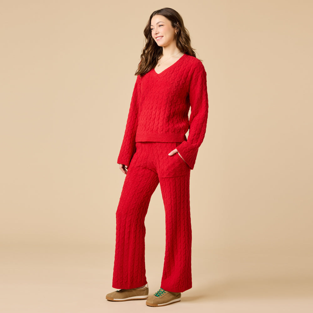 Cable Knit Marshmallow V-Neck with Flared Sleeve and Pant in Red