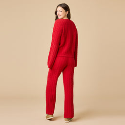 Cable Knit Marshmallow V-Neck with Flared Sleeve and Pant Cable Knit Marshmallow V-Neck with Flared Sleeve and Pant in Red