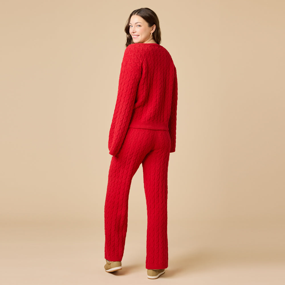 Cable Knit Marshmallow V-Neck with Flared Sleeve and Pant in Red