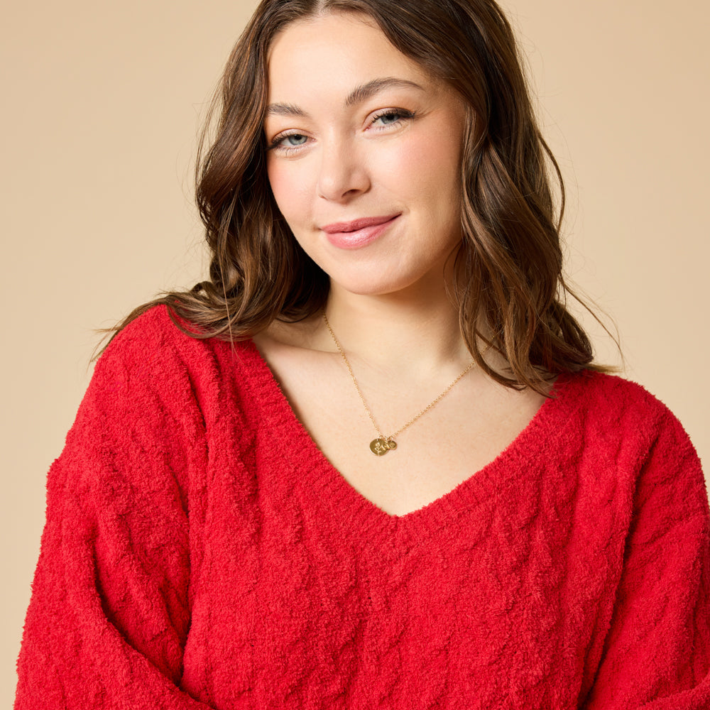 Cable Knit Marshmallow V-Neck with Flared Sleeve and Pant in Red