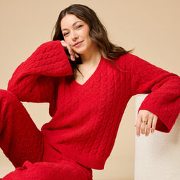 Cable Knit Marshmallow V-Neck with Flared Sleeve and Pant Cable Knit Marshmallow V-Neck with Flared Sleeve and Pant in Red