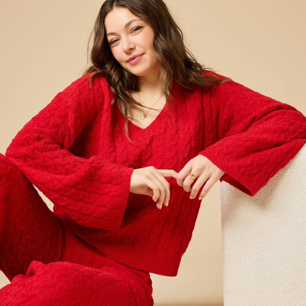 Cable Knit Marshmallow V-Neck with Flared Sleeve and Pant in Red